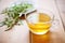 stevia leaves next to sweetened herbal tea in clear cup