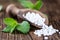 Stevia sweetener on wooden background