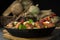 Stew with meat and vegetables in black iron dish. Traditional gourmet goulash in a rustic kitchen