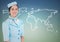 Stewardess against white map against blue green background