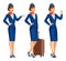 Stewardess in blue uniform. Flying attendants, air hostess