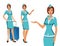 Stewardess in blue uniform. Flying attendants, air hostess pointing on information or standing with bag.