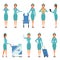 Stewardess characters. Various mascots in action poses. Airport and flight workers