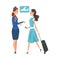 Stewardess Checking Ticket Documents at Young Woman at Airport Vector Illustration