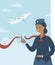 Stewardess cuts red ribbon to start airlines flights again after coronavirus COVID-19 quarantine