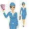 Stewardess dressed in blue uniform holding tickets and walking with briefcase