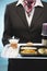 Stewardess Holding Tray With Airplane Food