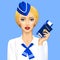 Stewardess with passport and air ticket in hand on blue background