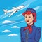 Stewardess in pop art style. Background plane takes off. Floating in clouds airplane. Welcome aboard. Illustration in comic style.