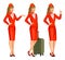 Stewardess in red uniform. Flying attendants, air hostess