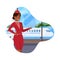 Stewardess in Red Uniform Shows Hand on Plane.