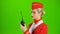 Stewardess speaks on the walkie talkie. Green screen