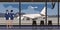 Stewardesses in the lobby of the airport against the backdrop of a panoramic window. Vector