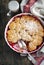 Stewed apple, plum and coconut cobbler.