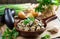 Stewed aubergines in a bowl