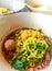 Stewed pork noodle soup, Noodle soup thai style put blood in the soup hot for mellow soup Pork or Beef serve with chilli powder.