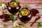 Stewed potato, meat and mushrooms in a clay pots with lid