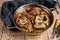 Stewed veal shank meat Osso Buco, italian ossobuco steak. wooden background. Top view