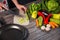 Stewing leek slices in a frying pan