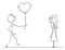 Stick Character Cartoon of Loving Man or Boy Giving Balloon Heart to Angry Woman or Girl on Date