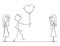 Stick Character Cartoon of Loving Man or Boy Giving Balloon Heart to One Woman or Girl Instead of Another