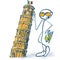 Stick figure as a tourist with leaning tower of Pisa