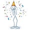 Stick figure with birthday hat and confetti