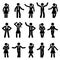 Stick figure business male and female standing front view different poses vector icon pictogram set. Office men and women people