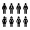 Stick figure business people standing front view black and white icon vector set. Office formal casual wear design pictogram.