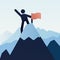 Stick figure character icon on top of the mountain snowy peak with a flag. Vector illustration design