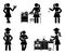 Stick figure chef cook girl vector set. Female person cooking grilled chicken, pie, soup at home restaurant kitchen icon
