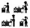 Stick figure chef cook man and woman baking pie vector set. Stickman person cooking at restaurant kitchen icon pictogram