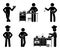 Stick figure chef cook vector set. Stickman person cooking grilled chicken, pie, soup at home restaurant kitchen icon