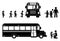 Stick figure children boarding bus icon. Back to school boys and girls symbol.