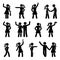 Stick figure different arms position set. Pointing finger, hands in pockets, waving person icon posture symbol sign pictogram.