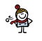 Stick figure doodle woman in a fashionable winter hat, coat and scarf is standing in the cold.