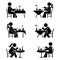 Stick figure eating pictogram set. Man and woman alone at the restaurant.