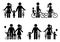 Stick figure family with bike pictogram. Mother, father and kids spending time together.
