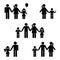 Stick figure family icon set. Posture vector illustration of standing man woman offspring symbol sign pictogram on white.