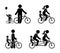 Stick figure family riding bicycle pictogram. Happy mam, dad and kid outdoor.