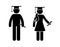 Stick figure graduate teenage boy and girl vector icon set. Young students standing with diploma wearing cap, hat with tassel
