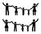 Stick figure hands up happy family icon set..Parents and children having fun together pictogram.