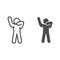 Stick figure with hands up line and solid icon. Man in front pose with raised hands outline style pictogram on white