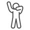 Stick figure with hands up silhouette line icon. Man in front pose with raised hands outline style pictogram on white