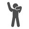Stick figure with hands up silhouette solid icon. Man in front pose with raised hands glyph style pictogram on white