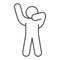 Stick figure with hands up silhouette thin line icon. Man in front pose with raised hands outline style pictogram on