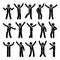 Stick figure happiness, celebration, motion businessman set. Vector illustration of celebration poses black and white pictogram.