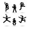 Stick figure happiness, freedom, jumping girl motion set. Vector illustration of celebration woman poses pictogram.