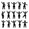 Stick figure happiness, freedom, motion woman set. Vector illustration of celebration poses black and white pictogram.