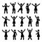 Stick figure happiness, freedom, winner woman set. Vector illustration of celebration poses black and white pictogram.